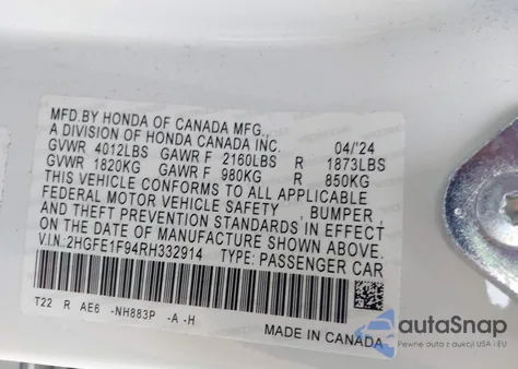 2024 Honda Civic Touring from USA, damaged, VIN 2HGFE1F94RH332914